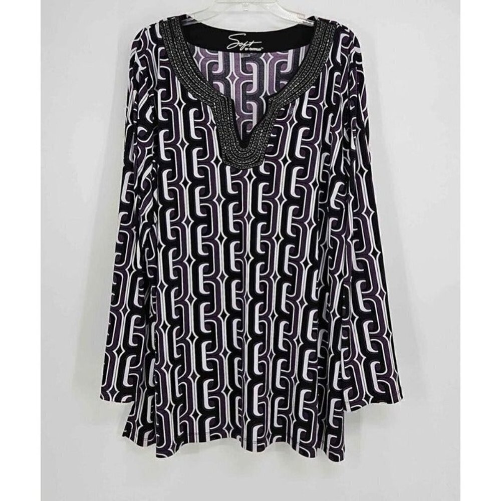SOFT Avenue Top Purple Black Bohemia V-Neck Print Stretch Long Sleeve Top 26/28
